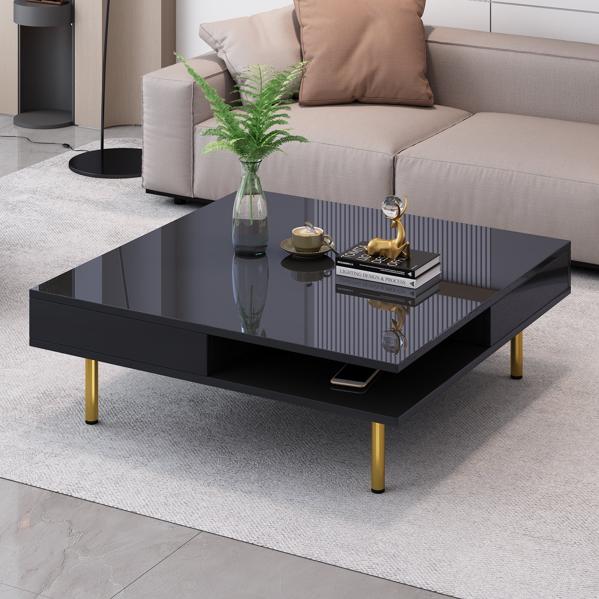 Royard Oaktree Minimalist Square Coffee Table, Modern High Gloss Center