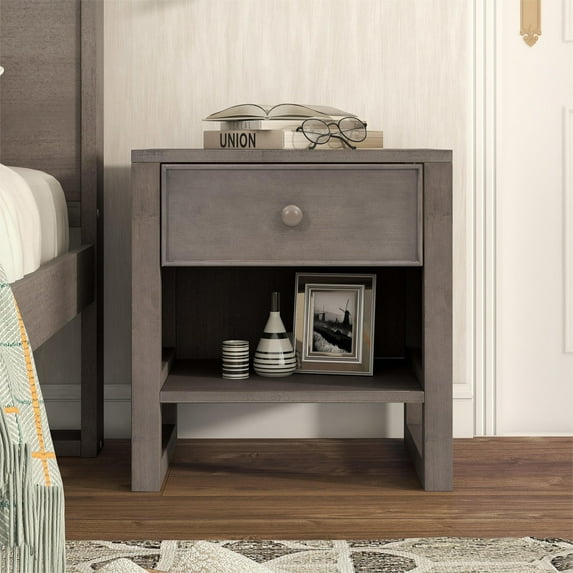 Royard Oaktree Nightstand with Drawer and Open Storage Compartment, Rustic Wooden Bedside Tabel with Cable Hole, Sofa End Side Table for Living Room, Bedroom, Antique Gray