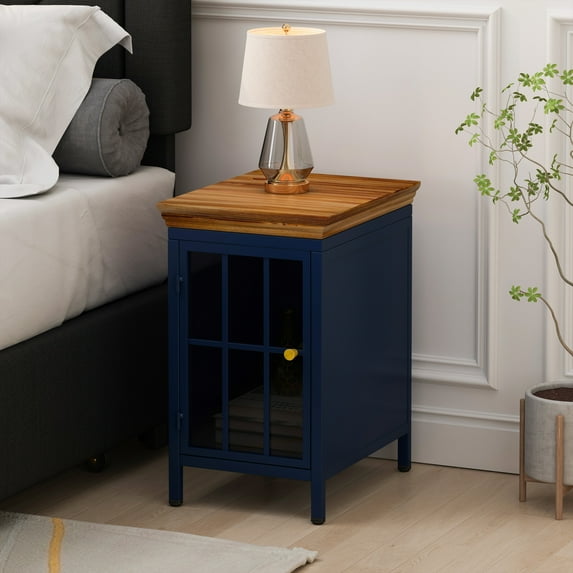 Royard Oaktree Nightstand with Tempered Glass Door, Metal Bedside Table with Solid Wood Tabletop, Vintage Sofa Side Table End Table with Storage Cabinet for Bedroom Living Room, Dark Blue