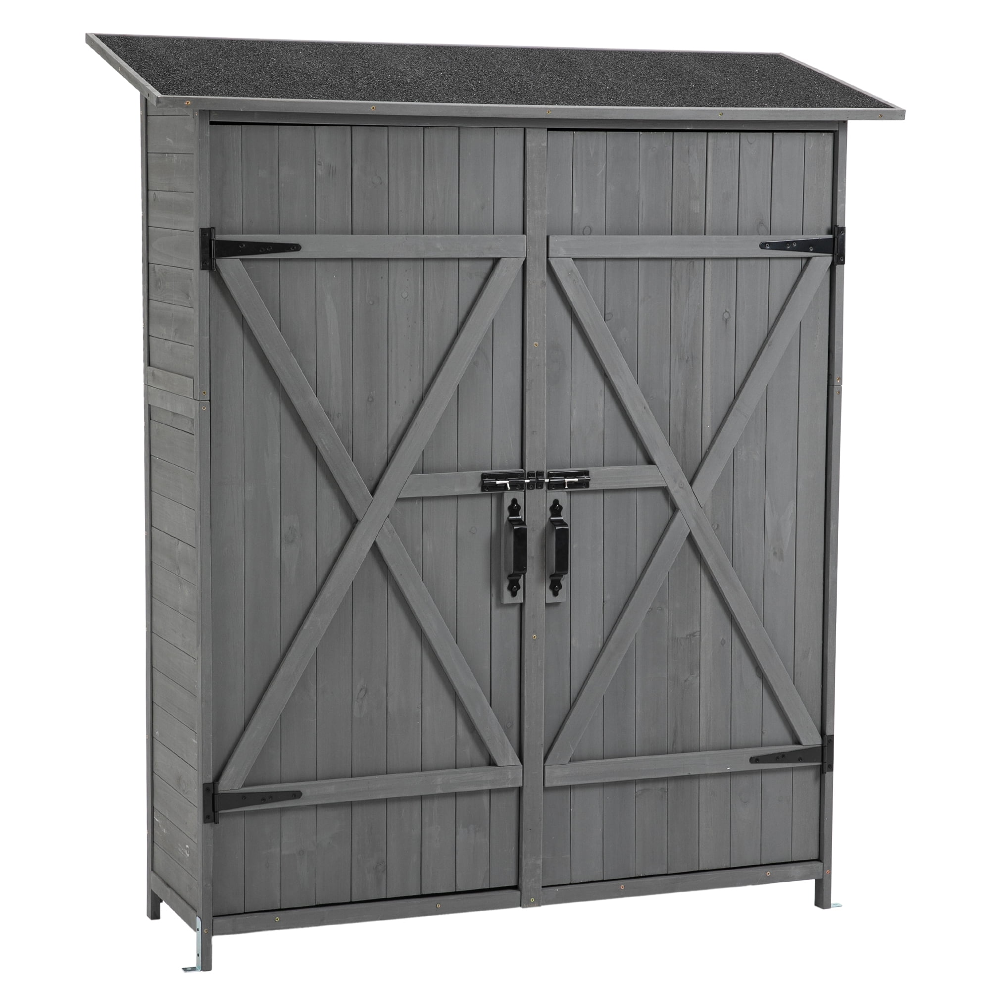 Gray Wooden Outdoor Storage Shed with Double Doors and Shelves