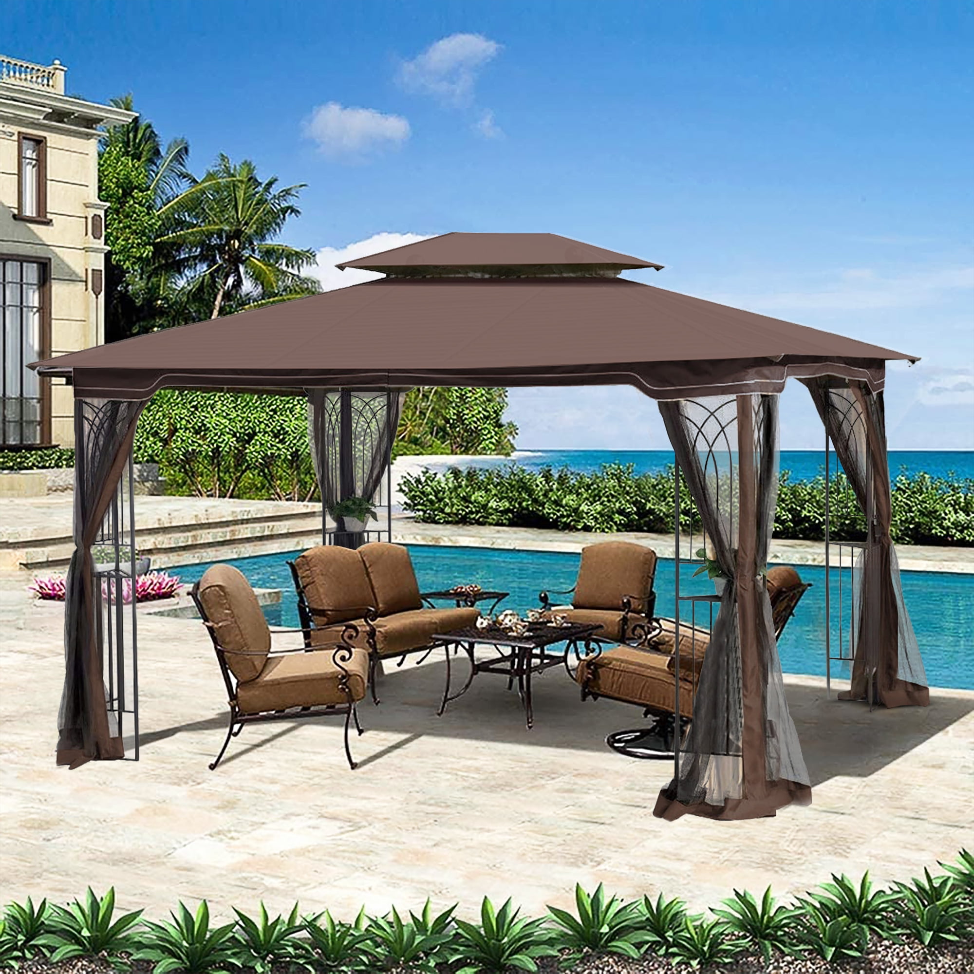 Royard Oaktree Patio Gazebo 13x10 Ft Outdoor Canopy Gazebo with Mosquito Netting and Corner Shelf Ventilation Double Roof Party Tent for Lawn Backyard Garden Deck,Brown