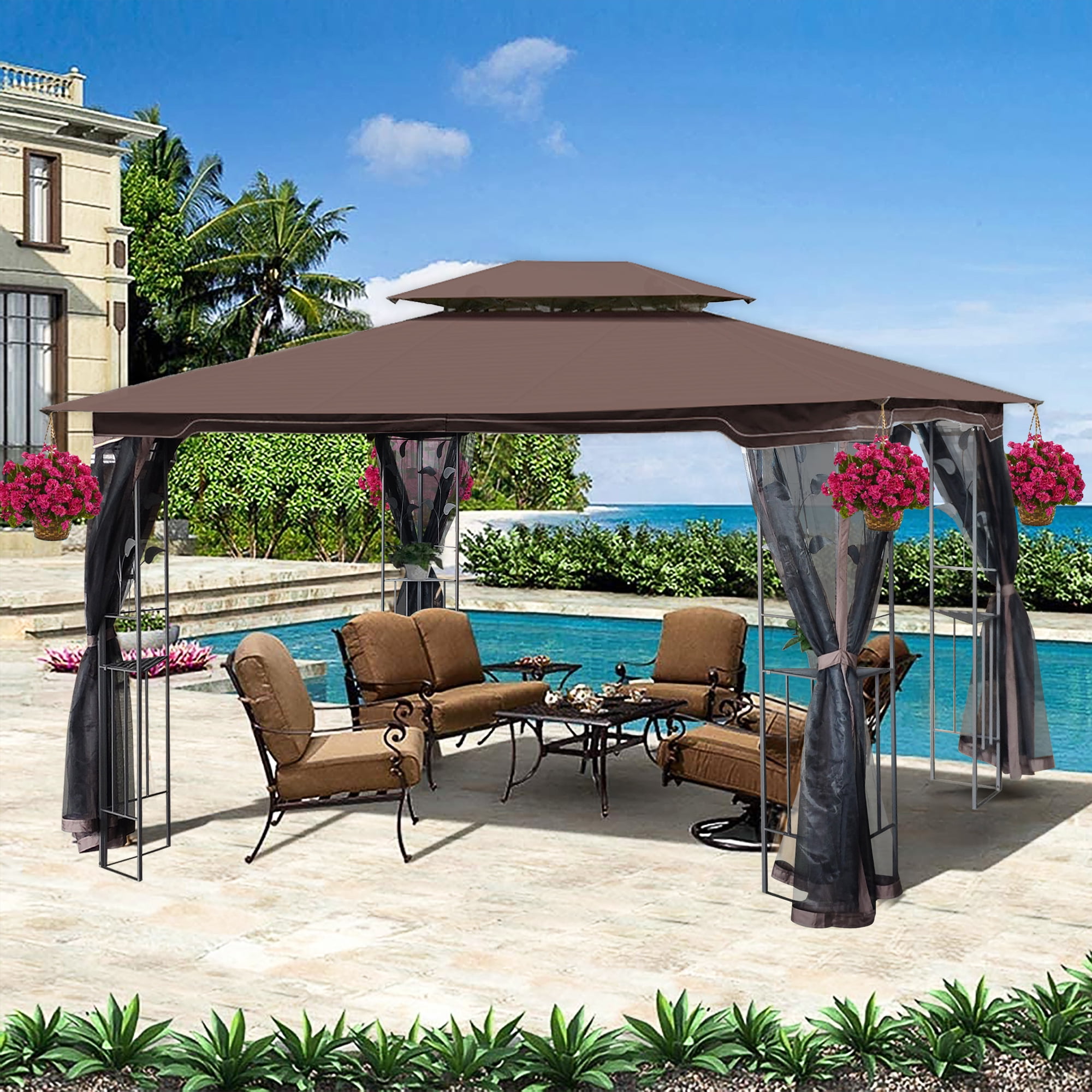 Royard Oaktree Patio Gazebo 13x10 Ft Outdoor Canopy Gazebo with Mosquito Netting and Corner Shelf Ventilation Double Roof Party Tent for Lawn Backyard Garden Deck,Brown