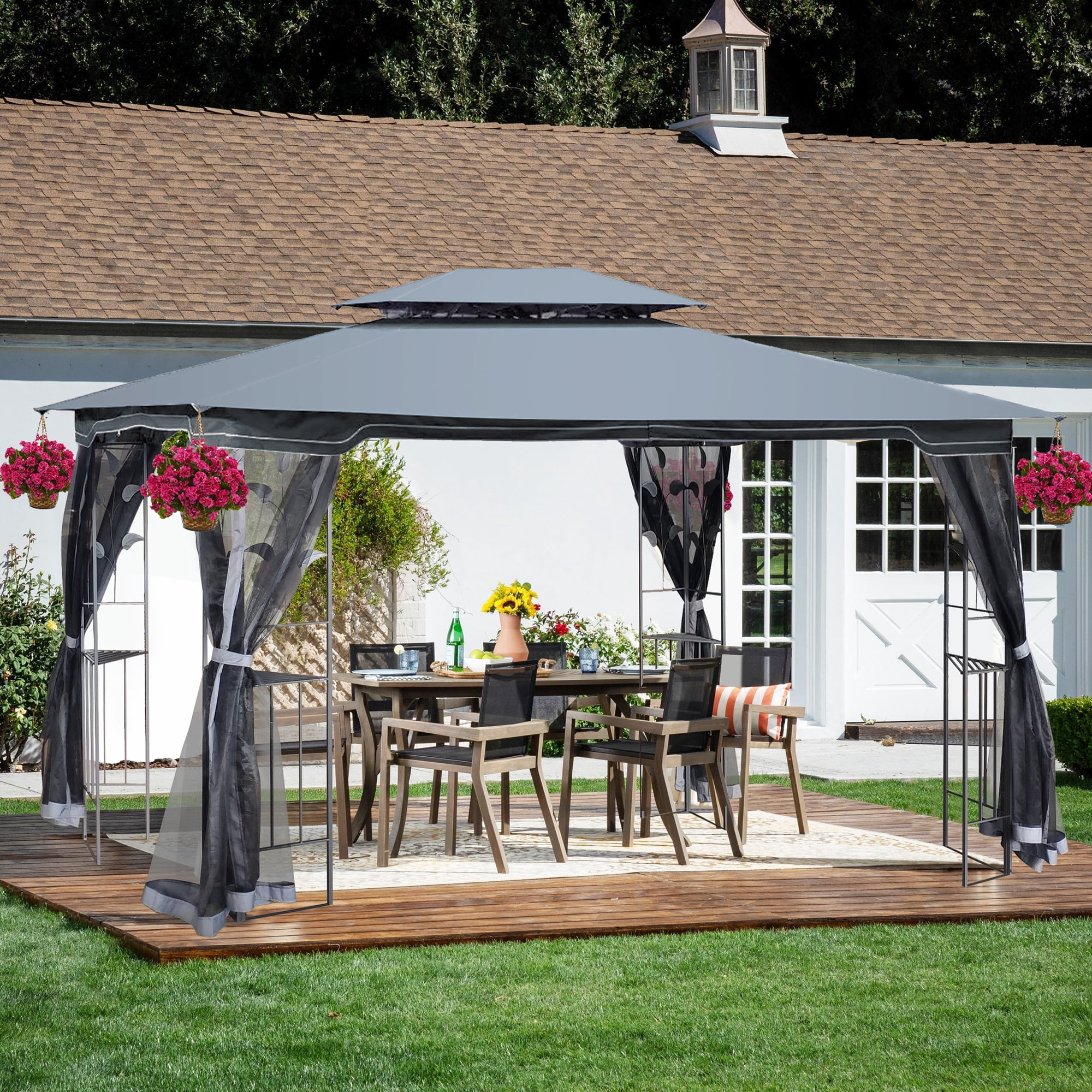 Royard Oaktree Patio Gazebo 13x10 Ft Outdoor Canopy Gazebo with Mosquito Netting and Corner Shelf Ventilation Double Roof Party Tent for Lawn Backyard Garden Deck,Gray