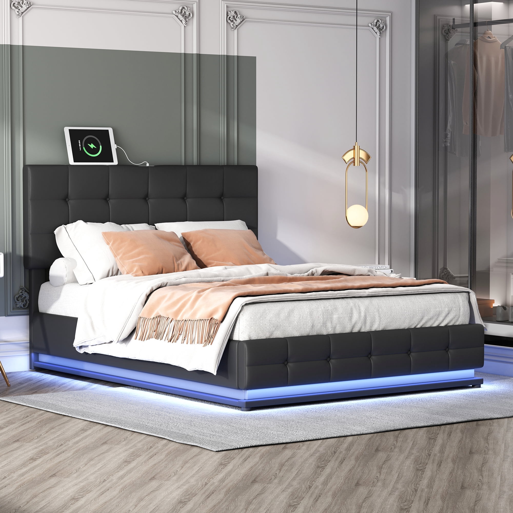 Royard Oaktree Queen Size PU Upholstered Lift Up Bed Frame with ...