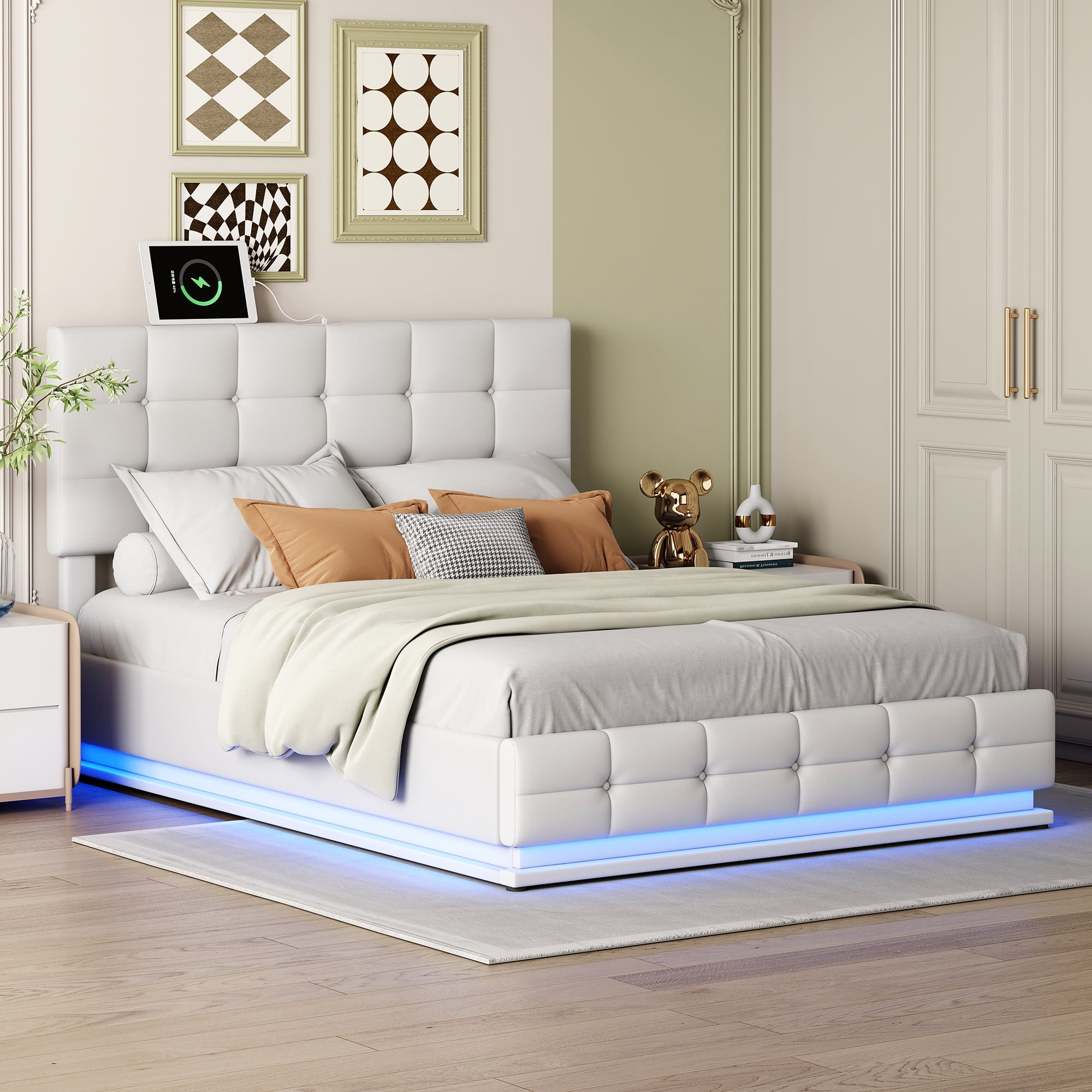 Royard Oaktree Queen Size PU Upholstered Lift Up Bed Frame with ...