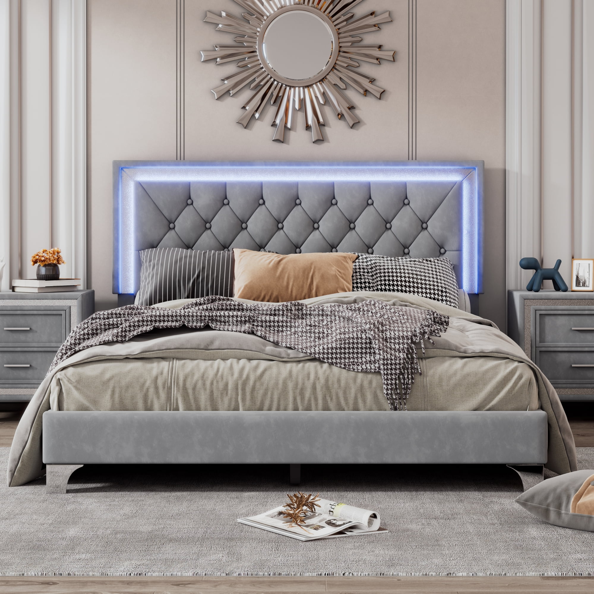 Royard Oaktree Queen Size LED Upholstered Bed with ButtonTufted