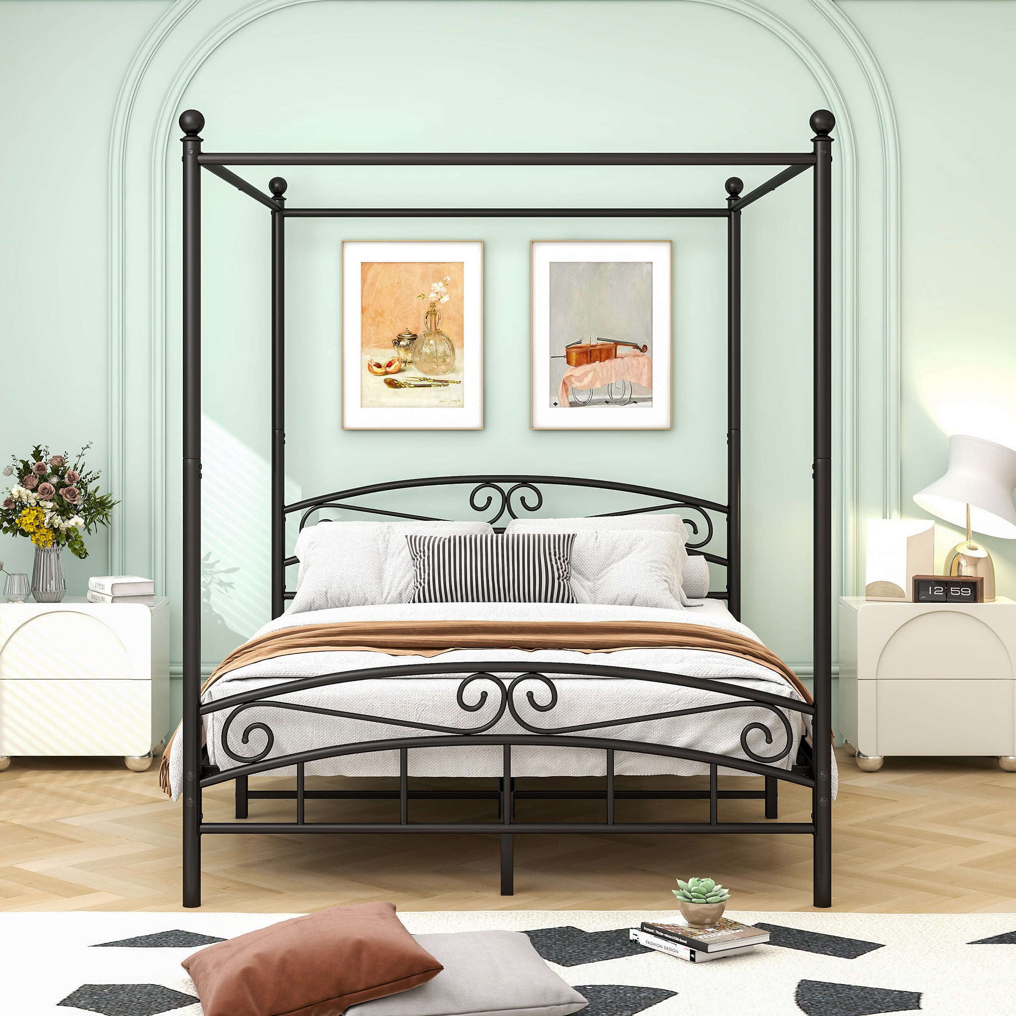 Royard Oaktree Queen Size Metal Canopy Bed Frame with Ornate European Style Headboard & Footboard Sturdy Steel H/Under-Bed Storage Space/No Box Spring Needed/Black