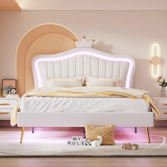 Royard Oaktree Queen Size Princess Bed for Girls Bedroom, PU Upholstered Platform Bed with Crown Headboard and LED Lights, Modern Platform Bed Frame with Golden Metal Legs, No Box Spring Needed, White