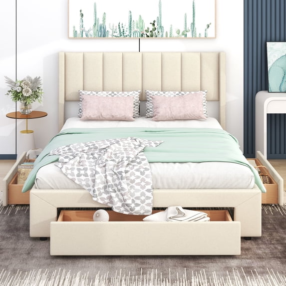 Royard Oaktree Queen Size Upholstered Platform Bed with 3 Drawers, Soft Linen Upholstery Bed with Tufted Wingback Headboard, Modern Storage Bed Frame with Wood Slats Support Mattress Foundation, Beige