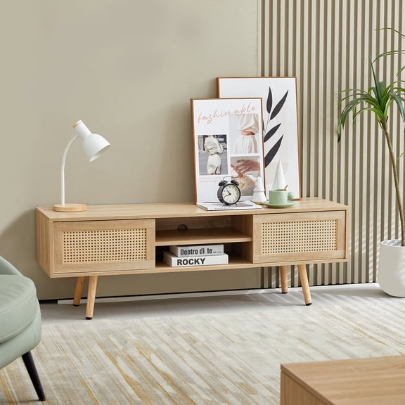Royard Oaktree TV Stand for TVs Up to 60", Rattan Media Console w/Sliding Doors & Adjustable Shelf