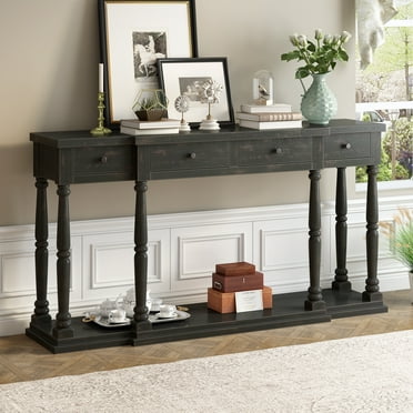 Royard Oaktree Retro Console Table Entryway Table with 4 Drawers and Storage Shelf,Sofa Table for Living Room,Bedroom,Kitchen,Entryway,Hallway(Antique Black)