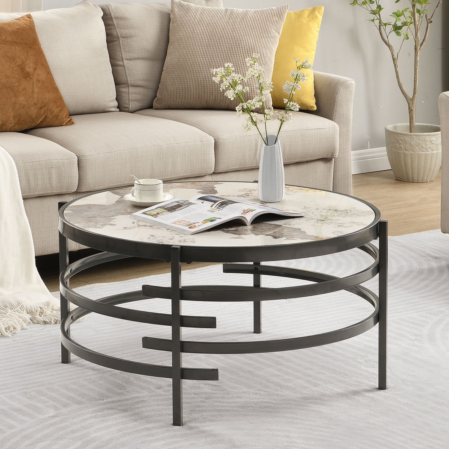Royard Oaktree Round Coffee Table, Modern Centre Table with Circle ...