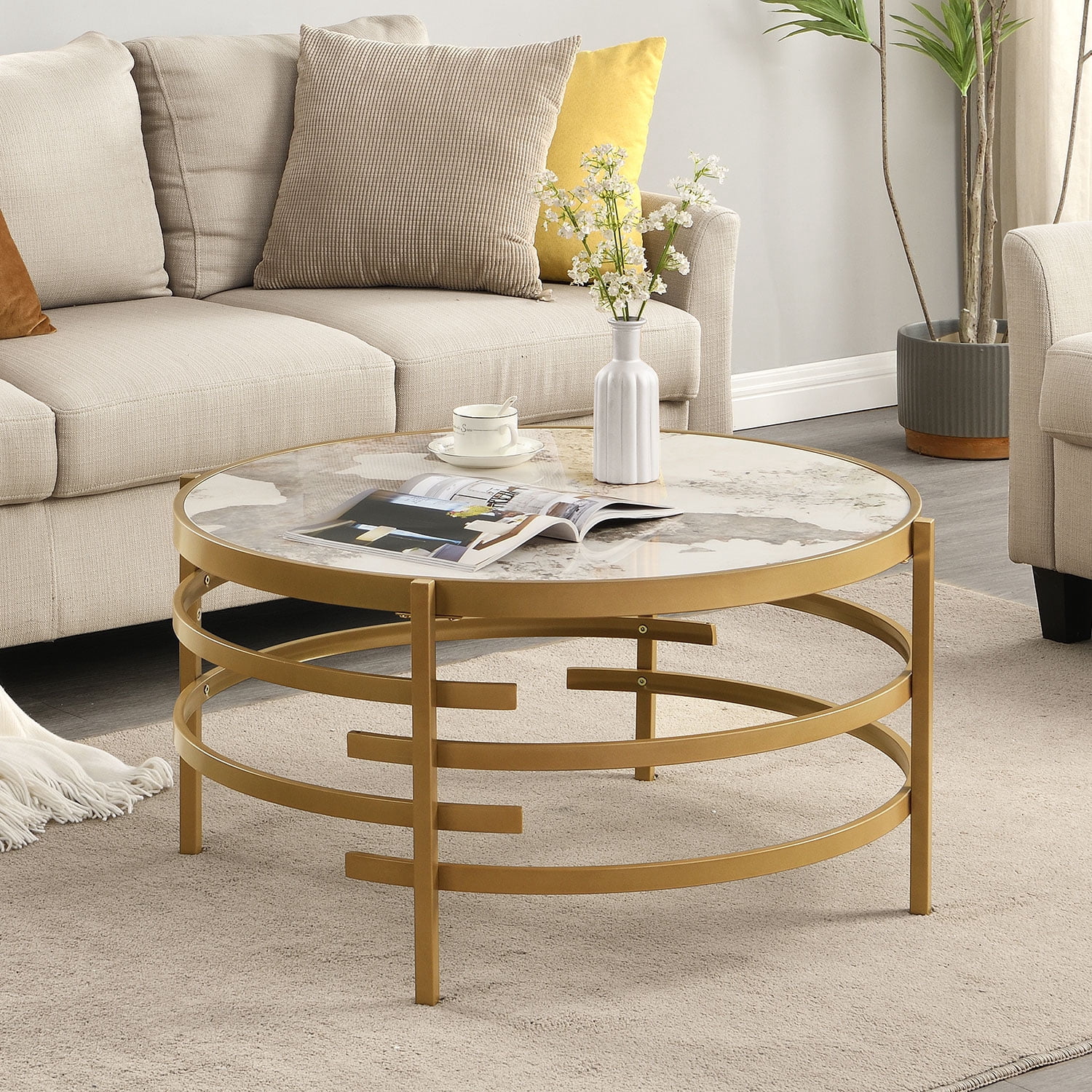 Royard Oaktree Round Coffee Table, Modern Centre Table with Circle ...