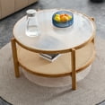 thumbnail image 1 of Royard Oaktree Round Coffee Table w/Glass Tabletop & Rattan Shelf, Boho Wood Circular Living Room Table, 1 of 7
