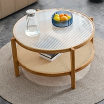 Royard Oaktree Round Coffee Table w/Glass Tabletop & Rattan Shelf, Boho Wood Circular Living Room Table