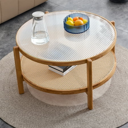 Royard Oaktree Round Coffee Table w/Glass Tabletop & Rattan Shelf, Boho Wood Circular Living Room Table