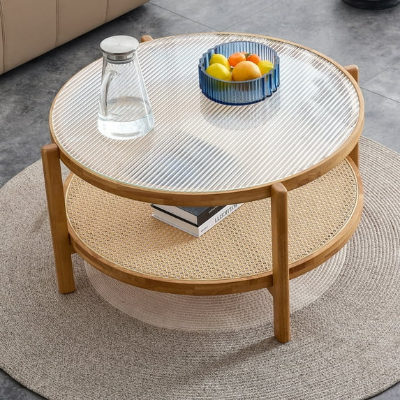 Royard Oaktree Round Coffee Table w/Glass Tabletop & Rattan Shelf, Boho Wood Circular Living Room Table