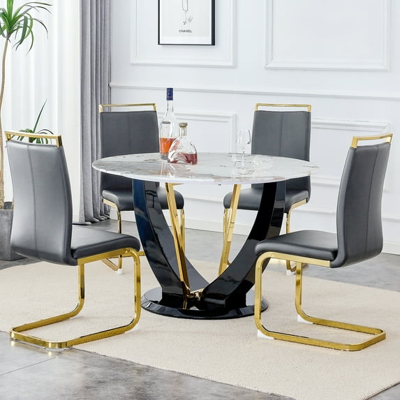 Royard Oaktree Round Dining Table Set for 4, 5-piece Kitchen Table Set with 4 Upholstered Chairs, Modern Faux Marble Dining Room Table Set for Kitchen, Easy Assembly (Dark Gray-Smooth Back)