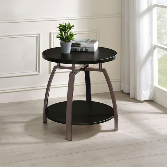 Royard Oaktree Round End Table, 2 Tiers Side Table with Open Storage Shelf, Modern Wood Accent Table Bedside Table with Metal Legs for Living Room Bedroom, Black+Dark Grey