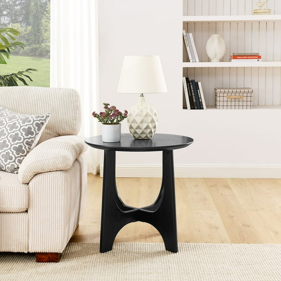 Royard Oaktree Round End Table with Wood Grain, Minimalist Side Table w/Adjustable Feet, Black