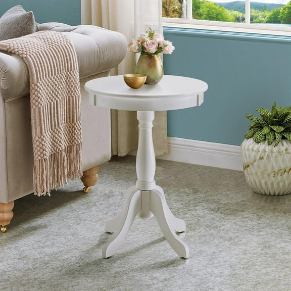 Royard Oaktree Round End Table, Wooden Side Table with Turned Pedestal and 4 Legs, Morden Accent Table for Foyer Office Small Spaces, White
