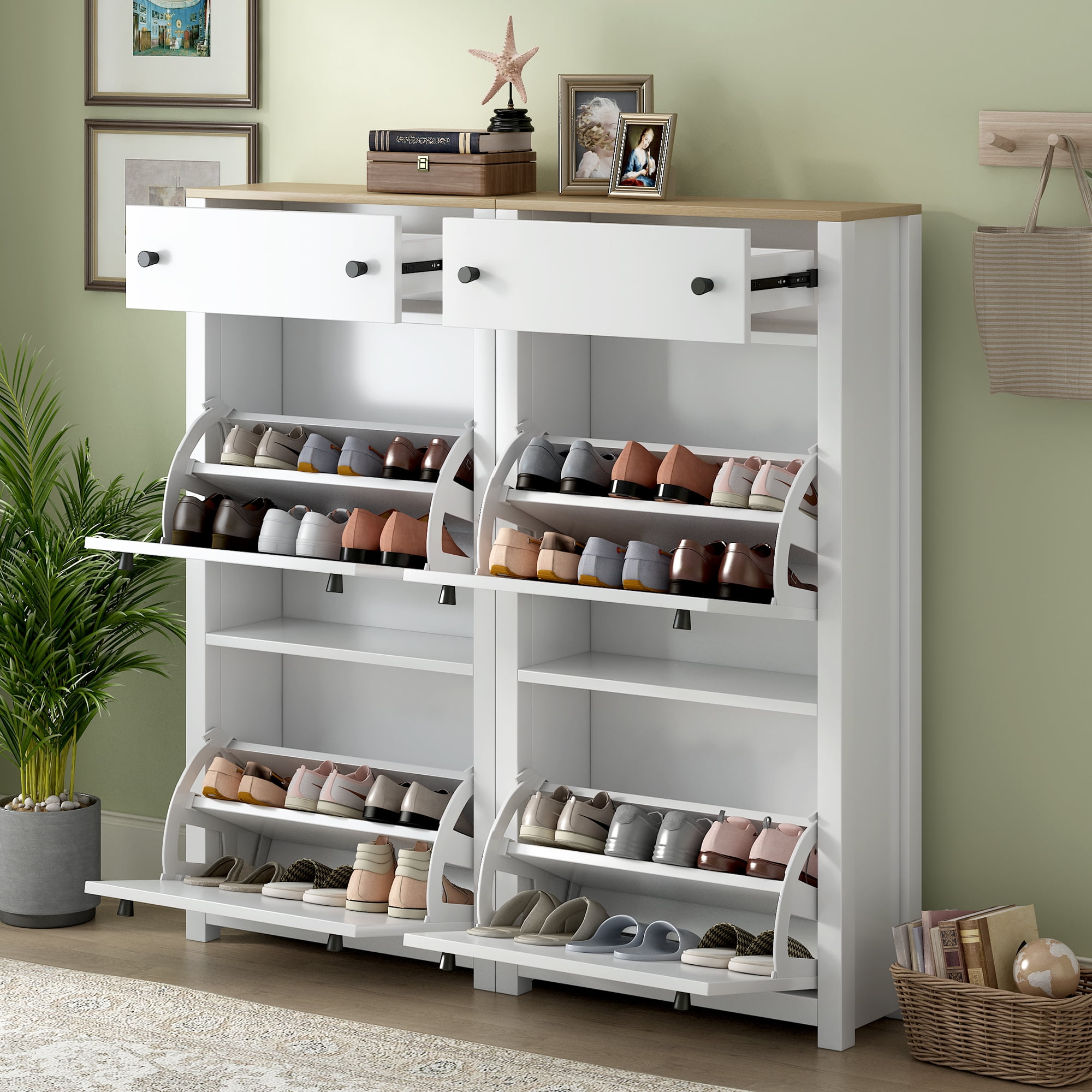 Royard Oaktree Shoe Cabinet Set of 2 Freestanding Shoe Rack Organizer with 4 Flip Drawers and 2 Pull out Drawer Wood Grain Top Entryway Shoe Storage Cabinet with Adjustable Panel for Hallway White