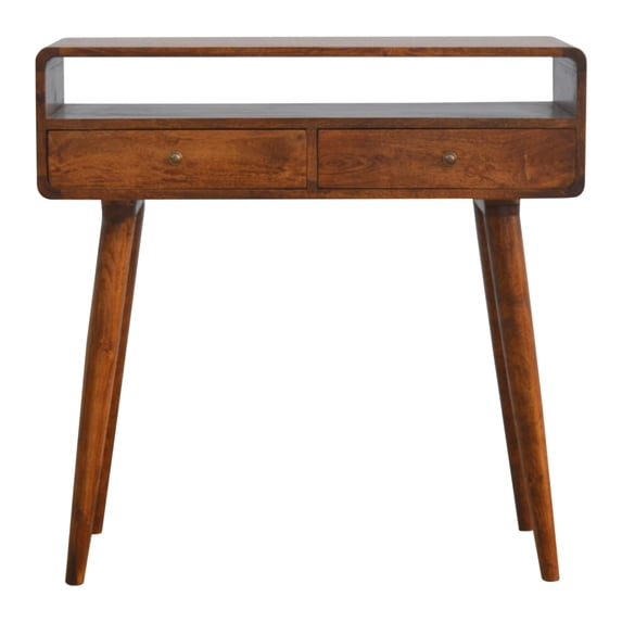 Royard Oaktree Solid Wood Curved Console Table w/Drawers, Vintage Entryway Table w/Open Shelves