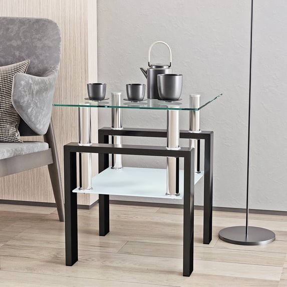 Royard Oaktree Square End Table, Tempered Glass Side Table with Shelf and Metal Legs for Living Room