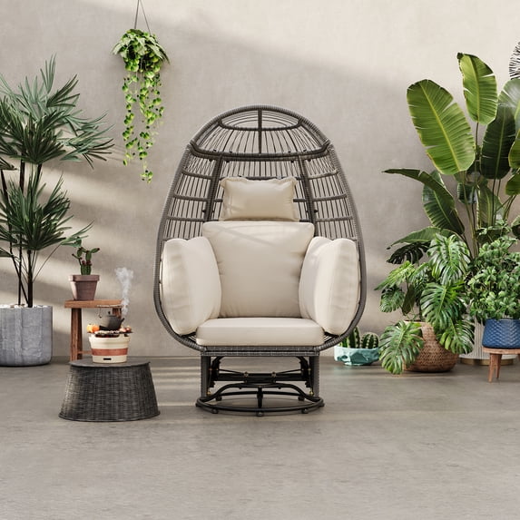 Royard Oaktree Swivel Egg Chair, Patio Rattan Rocking Chair with Cushions and Pillows, 350lbs Capacity Indoor/Outdoor Large Lounge Wicker Chair for Patio, Backyard, Living Room, Beige and Grey