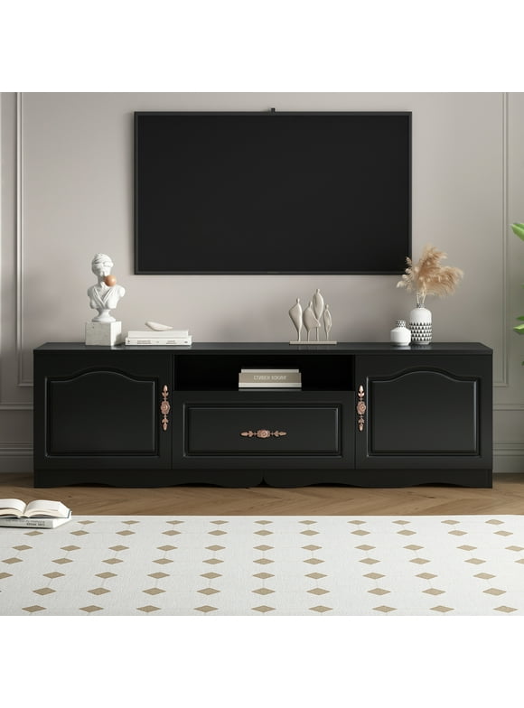 Royard Oaktree TV Stand for TVs Up to 70", French Country Style TV Media Console with Exquisite Metal Handles and Curved Base, Wood Entertainment Center with Cabinets, Drawer, Open Shelf, Black