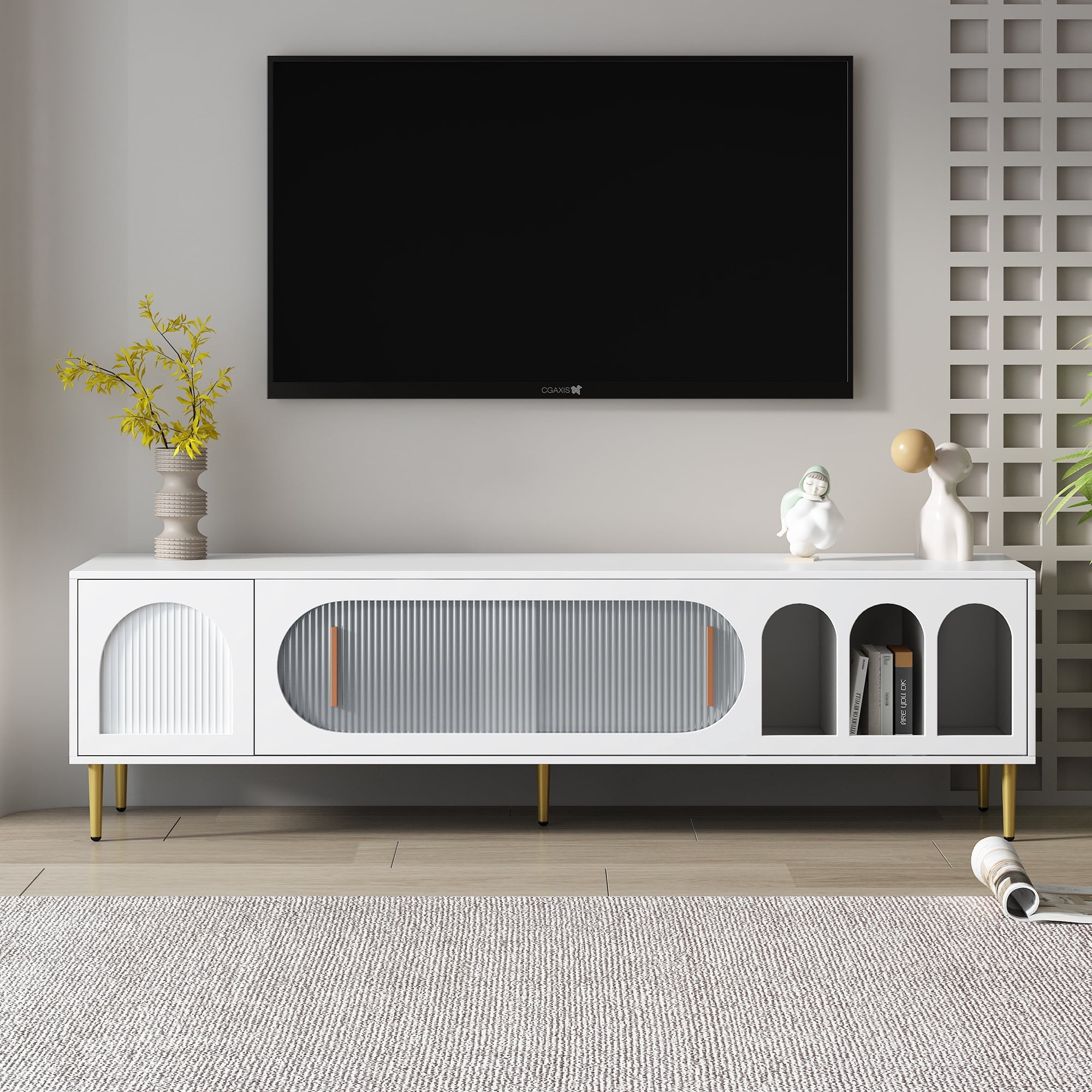 Royard Oaktree TV Stand for TVs up to 75 Wood Media Console with Sliding Doors for Bedroom