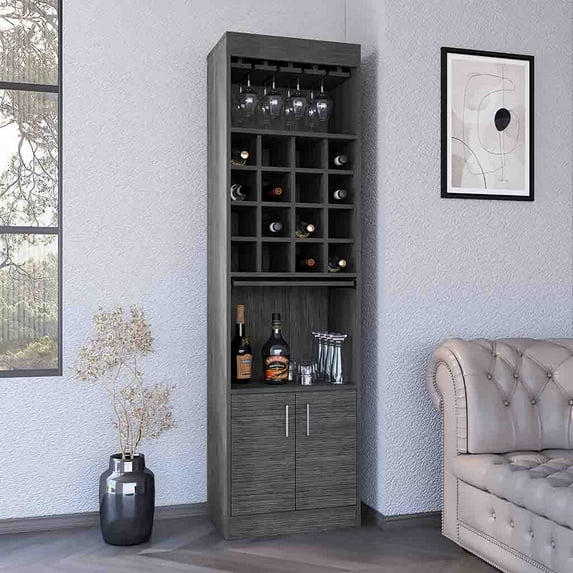 Royard Oaktree Tall Bar Cabinet with 16 Wine Racks and Glasses Holder, Farmhouse Liquor Cabinet with 2 Doors, Open Shelf, Pull-out Tray, Sideboard Storage Cabinet for Kitchen Dining Room, Smokey Oak