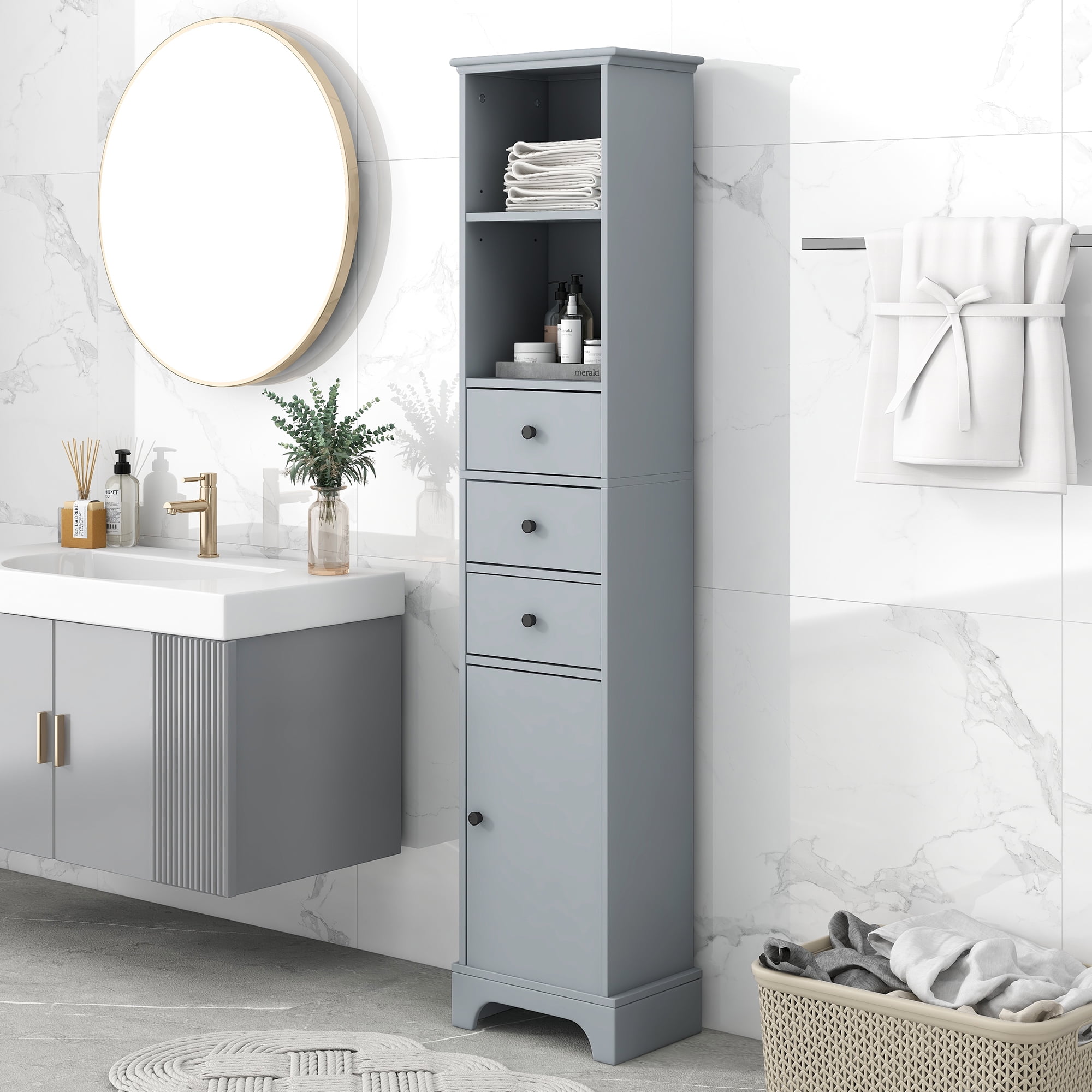 Royard Oaktree Tall Bathroom Cabinet with 3 Drawers and Open Adjustable ...