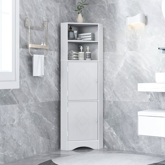 Royard Oaktree Tall Corner Cabinet Freestanding Bathroom Cabinet with 2 Doors and Adjustable Shelves Modern Multi-Functional Storage Cabinet for Bathroom Living Room Kitchen Small Space,White