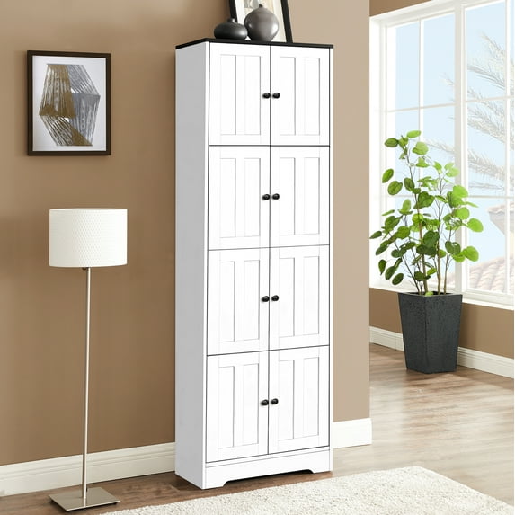 Royard Oaktree Tall Storage Cabinet, Freestanding 4-Tier Kitchen Pantry Storage Cabinet Corner Cabinet with Doors and Shelves for Living Room, Kitchen, Dining Room, Bedroom, Garage, Hallway, White