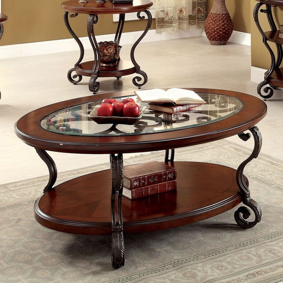 Royard Oaktree Oval Coffee Table w/Glass Top & Shelf, Traditional Cocktail Table w/Metal Scroll Legs
