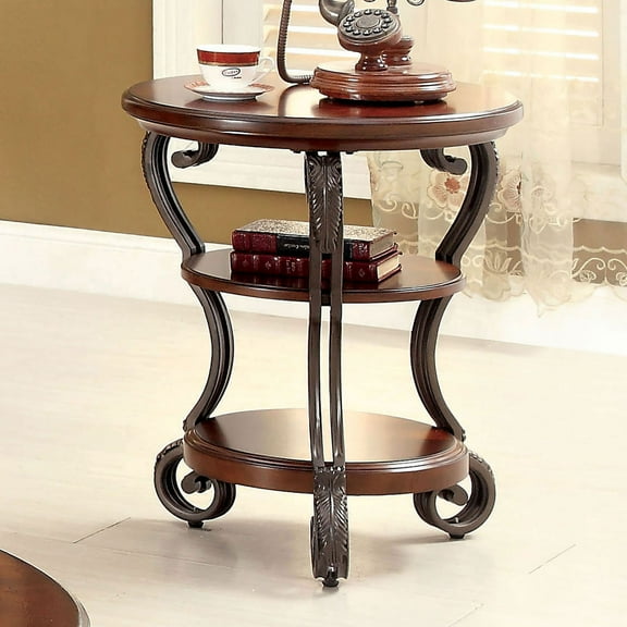 Royard Oaktree Traditional Style Round End Table, 3 Tiers Sofa Side Table with Open Storage Shelves, Brown Cherry Wood Circle Bedside Table with Metal Ornate Scroll Legs for Living Room Bedroom