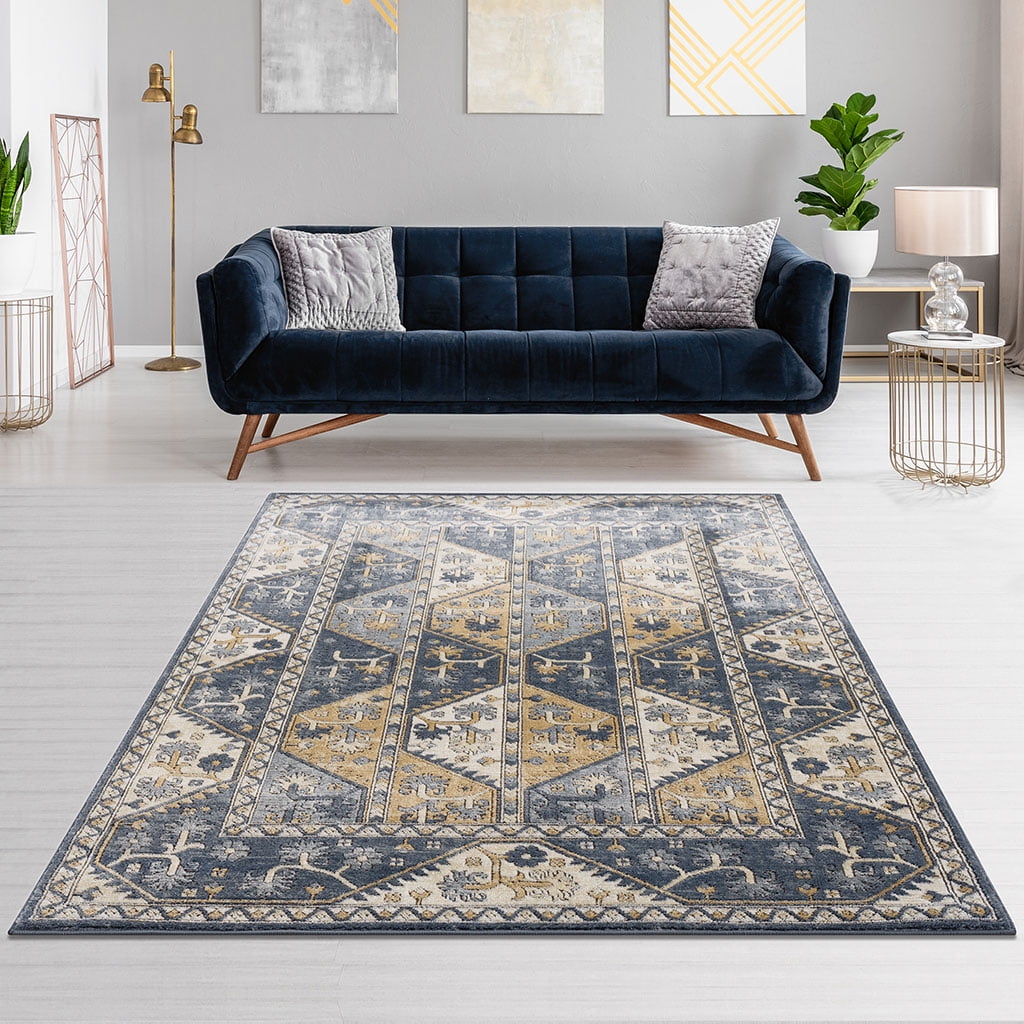 Blue and Cream Geometric Tile Border 8' x 10' Area Rug