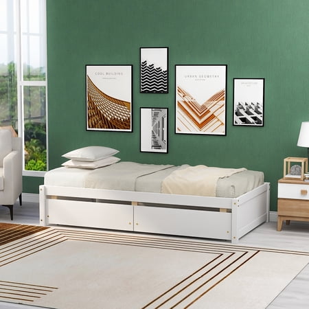 Royard Oaktree Twin Bed with 2 Storage Drawers Solid Wood Platform Bed Frame with Slats, White