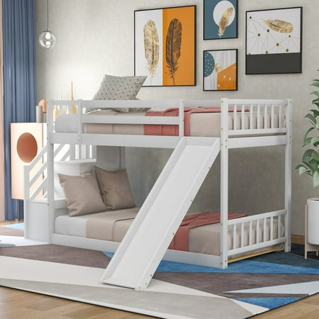 Royard Oaktree Twin over Twin Bunk Bed with Convertible Slide and Storage Stairway Wooden Low Bunk Bed Frame with Guardrail and Slats, No Box Spring Needed, White