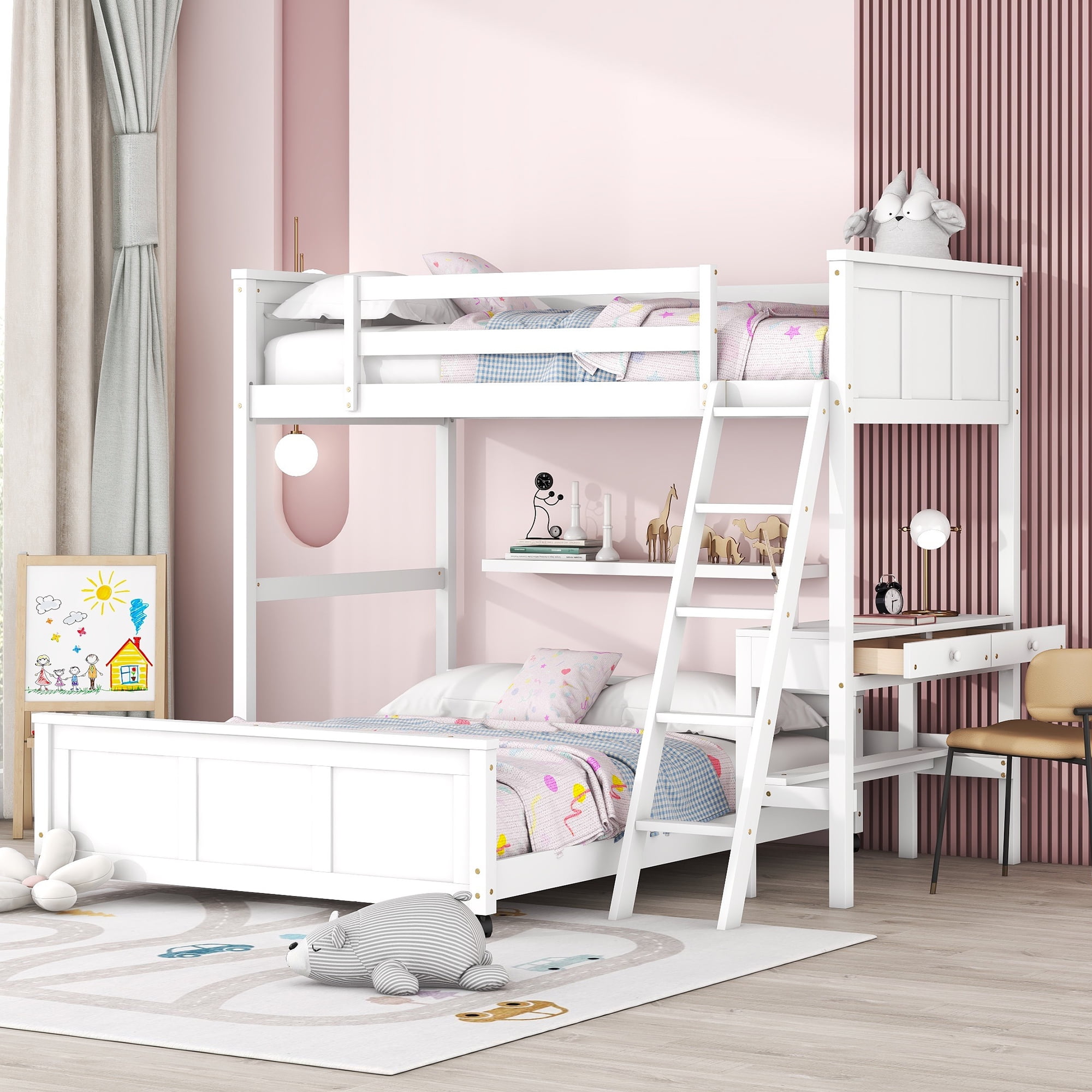Royard Oaktree Twin-Over-Full Bunk Bed with Desk and Drawers, Twin Size ...