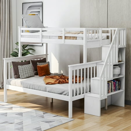 Royard Oaktree Twin-Over-Full Bunk Bed with Storage Stairway and Guard Rail Wood Bunk Bed Frame with Headboard and Footboard, Wood Slats, No Box Spring Needed, White