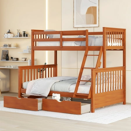 Royard Oaktree Twin-Over-Full Bunk Bed with Under-bed Drawers Wood Bunk Bed Frame with Guardrail and Ladder Can Be Converted Into 2 Beds(Walnut)