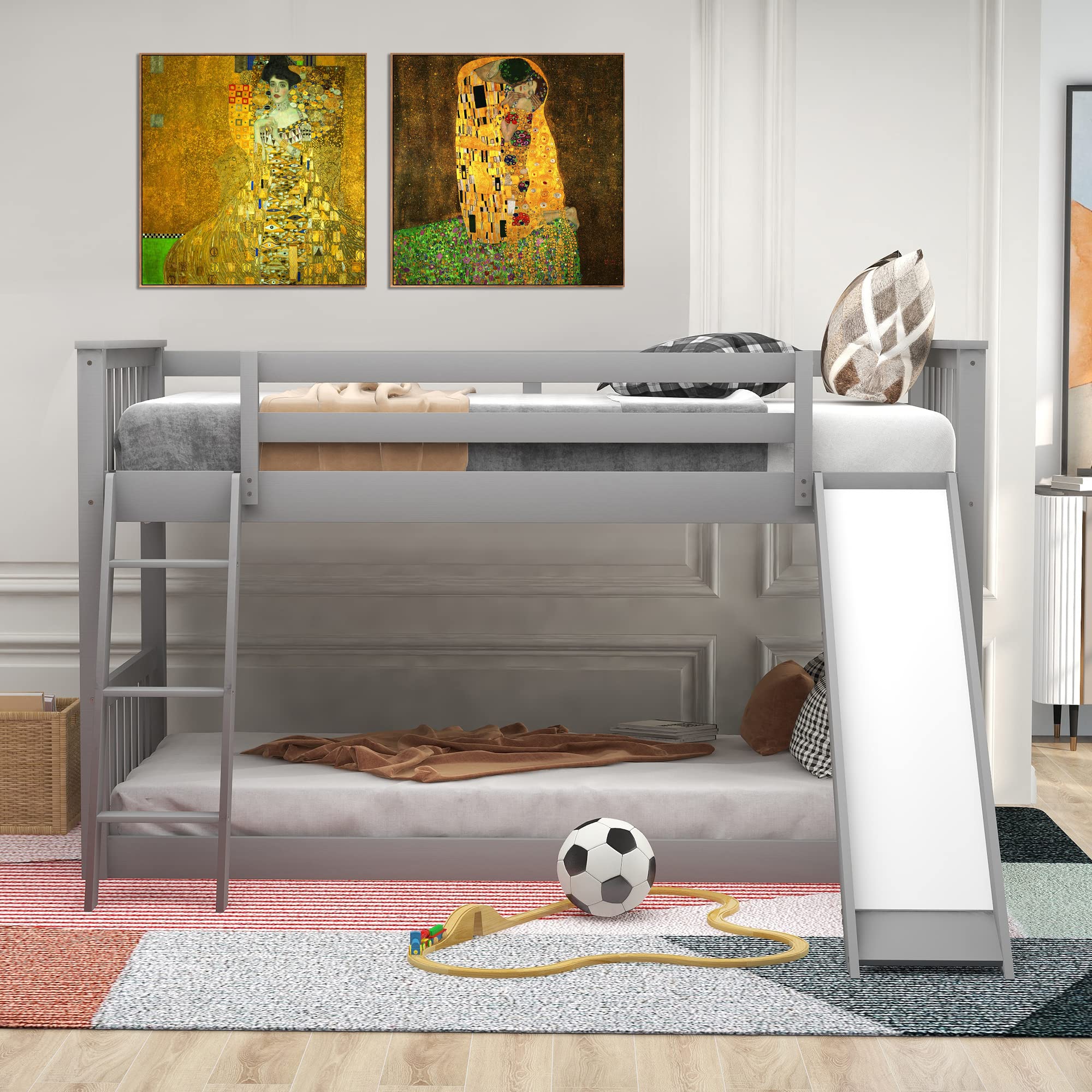 Royard Oaktree Twin Over Twin Bunk Bed with Convertible Slide and ...