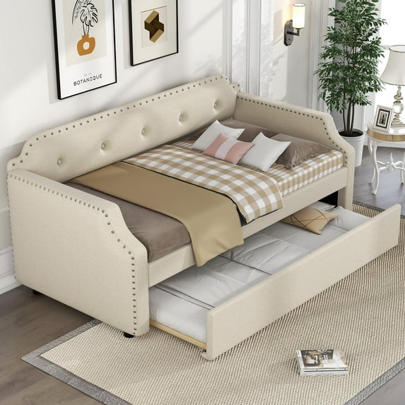 Royard Oaktree Twin Size Daybed with Trundle, Linen Upholstered Sofa Bed Frame with Wood Frame