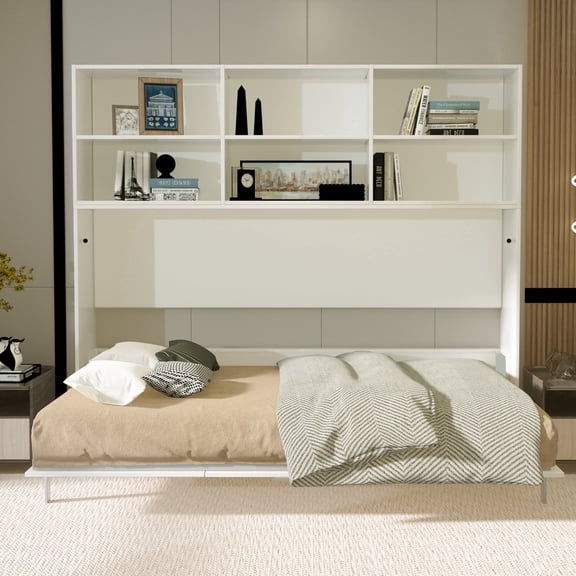 Royard Oaktree Twin Size Horizontal Murphy Bed with Shelves, Foldable Wall Bedframe with Gas Struts