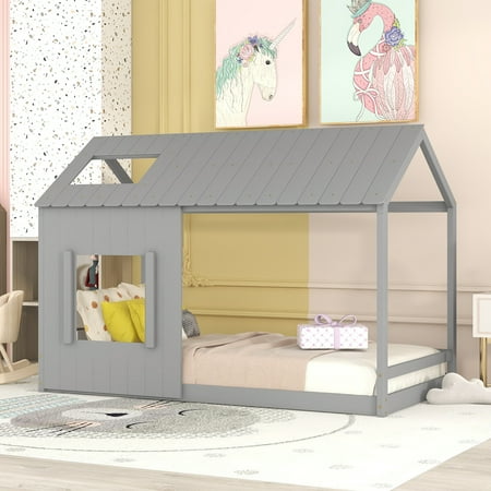 Royard Oaktree Twin Size House Bed with Roof and Window Wood Floor Bed Frame with Guardrail and Slats, No Box Spring Needed, Gray