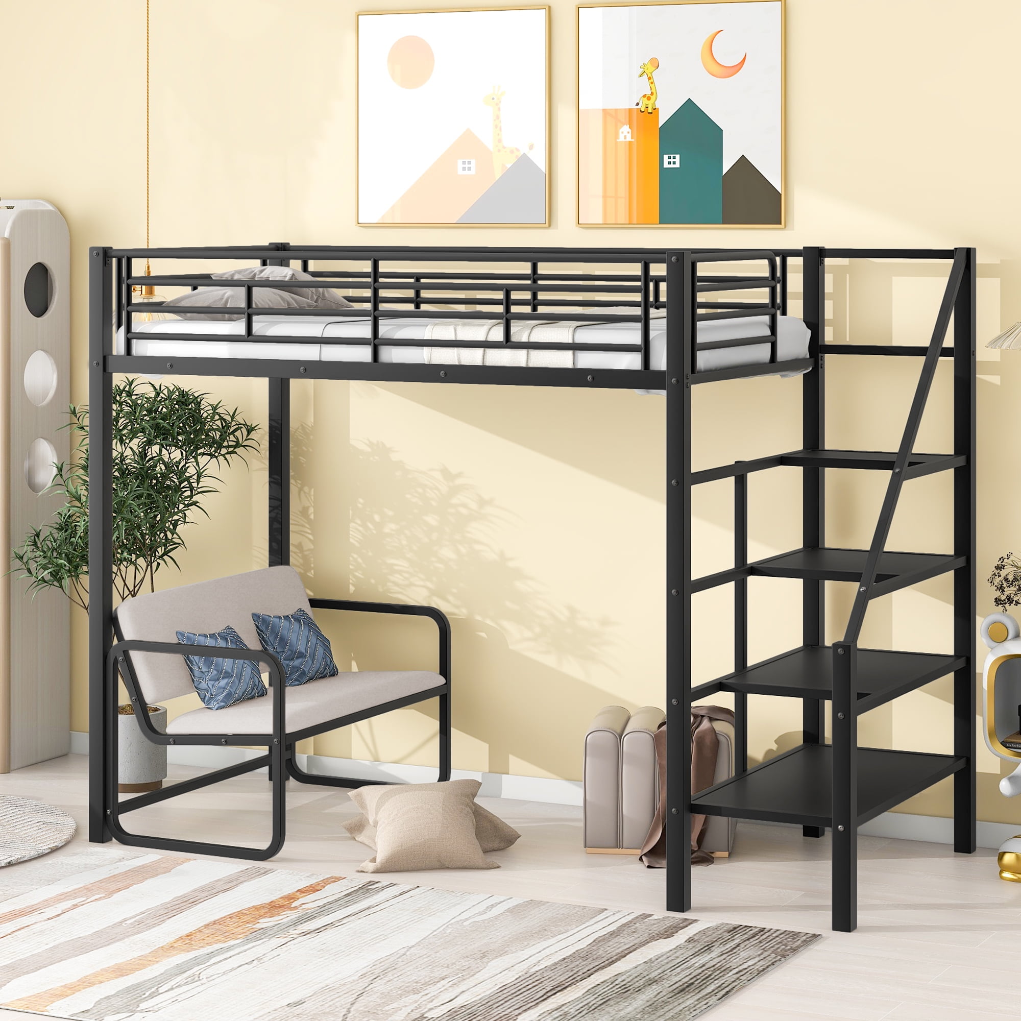 Twin Size Metal Loft Bed with Bench and Storage Staircase - Black