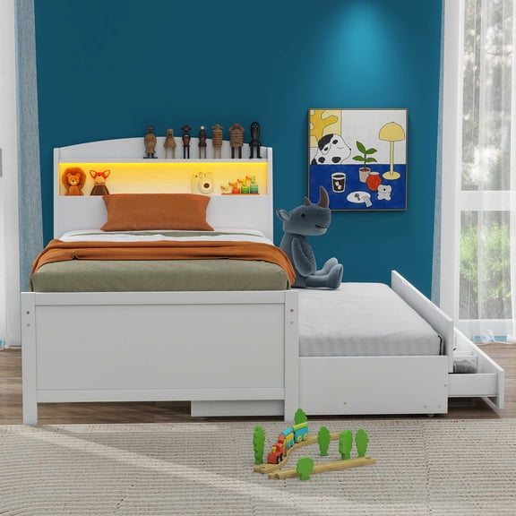 Royard Oaktree Twin Size Platform Bed Frame w/Headboard, LED Light, Twin Size Trundle, and Drawers