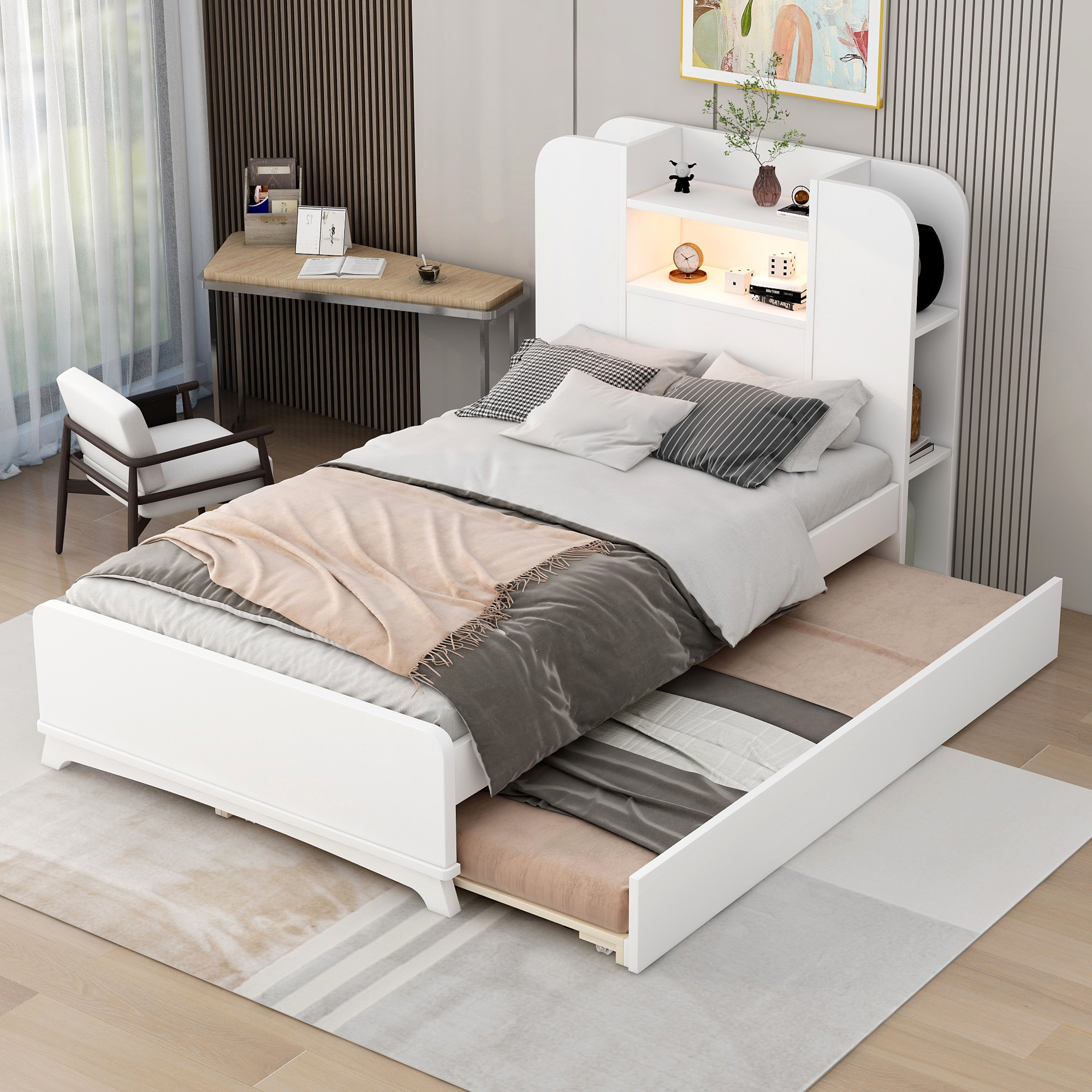 Royard Oaktree Twin Size Wood Platform Bed with Storage Headboard and